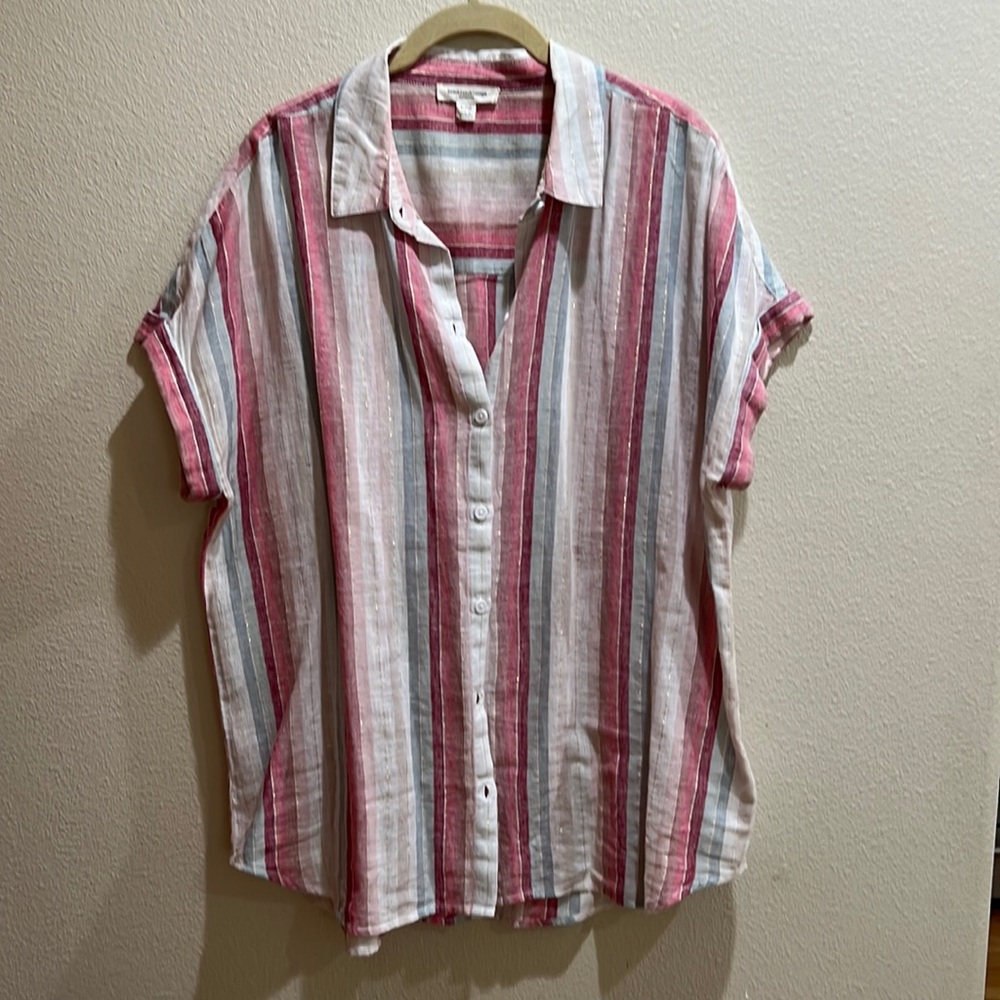 Linen and Cotten striped top in pink, blue, white, with gold threading mixed in